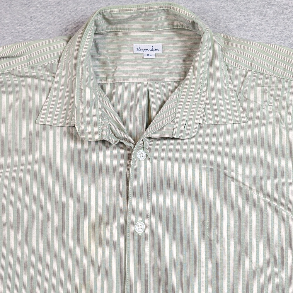 Steven Alan Mens XL Green White Striped Button Down Shirt Long Sleeve Cotton USA